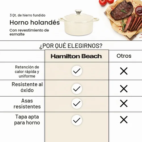 Vista 5 de Hamilton Beach Olla holandesa de hierro fundido esmaltado de 3 cuartos de galón con tapa, color crema