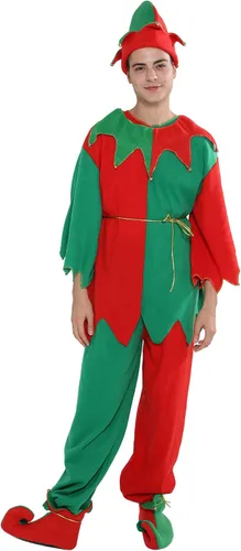 Vista 2 de EraSpooky Disfraz de elfo de Navidad unisex para adultos, conjunto completo, Rojo