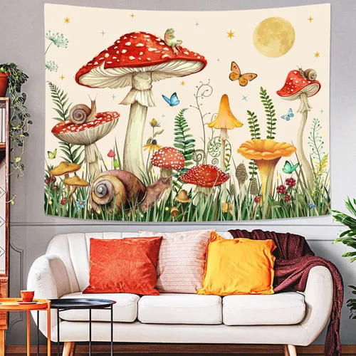 Vista 2 de Zussun Tapiz de hongo rojo, tapices de luna y estrella para dormitorio, estética de color beige, noche estrellada, planta verde, tapiz de pared