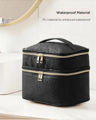 Vista 6 de HBlife Bolsa de maquillaje de viaje de doble capa, portátil, bonita bolsa de cosméticos de cuero, bolsa de maquillaje grande, estuche organizador