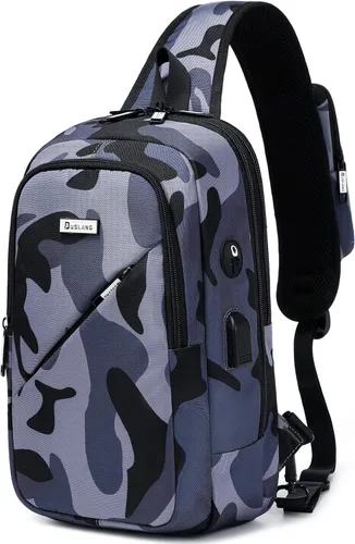 Vista 46 de DUSLANG Mochila de hombro para senderismo, bolsa cruzada para hombres, bolsas de pecho con puerto de cargador USB para campamento casual, ciclismo