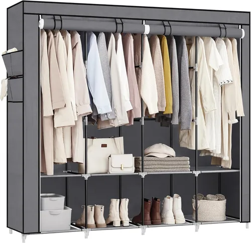 Vista 10 de SONGMICS Armario portátil, Organizador de armario con cubierta, 2 barras para colgar y estantes, 4 bolsillos laterales, 33.9 x 17.7 x 65.7 pulgadas
