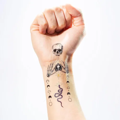 Vista 4 de Cheerland Tatuajes de Halloween, esqueleto, tatuajes temporales, negro y blanco, gótico, recuerdos de fiesta de cumpleaños, tatuajes de temperatura