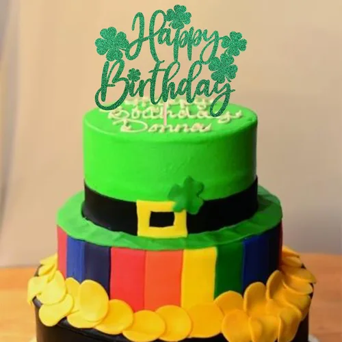Vista 4 de 1 paquete de decoración para pastel de cumpleaños del día de San Patricio con purpurina verde de trébol de la suerte de cuatro hojas, trébol