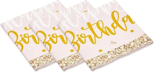 Vista 4 de Sparkle and Bash Mantel rectangular de feliz cumpleaños rosa y dorado, mantel de plástico reutilizable y duradero, telón de fondo de fotos