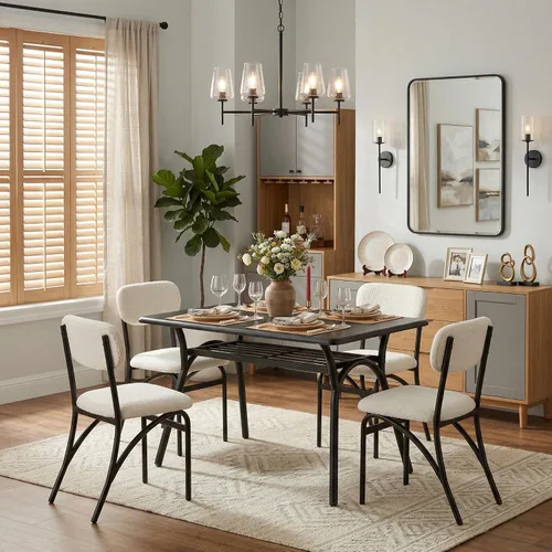 Vista 8 de GarveeHome Juego de mesa de comedor de 5 piezas para 4, mesa de cocina moderna con 4 sillas de bouclé, mesa de comedor rectangular con estante