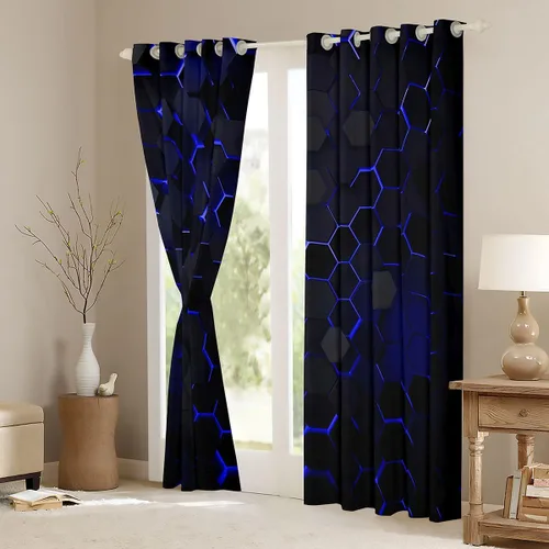 Vista 3 de Cortinas opacas negras de panal de abeja con luces de neón azul real, tratamientos de ventana con estampado geométrico hexagonal, decoración