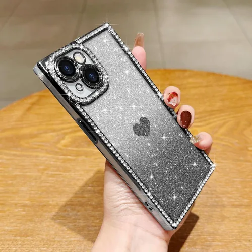 Vista 5 de Funda para iPhone 13, funda de diamantes de imitación de lujo con patrón de corazón de amor de cristal [papel con purpurina extraíble], parachoques