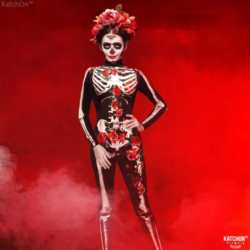 Vista 3 de KatchOn, Halloween Roses Skeleton Costume Women - Halloween Costumes for Women Day of The Dead Skeleton Bodysuit Women