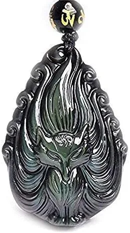 Vista 5 de Collar con colgante de zorro de nueve colas de cristal de obsidiana con cadena de cuentas para wen o mujeres