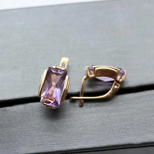 Vista 2 de SAGEKING 2024 New 585 Purple Gold Plated 14K Rose Gold Inlaid Square Amethyst Earrings For Women Romantic Engagement Jewelry Fashion Accessories