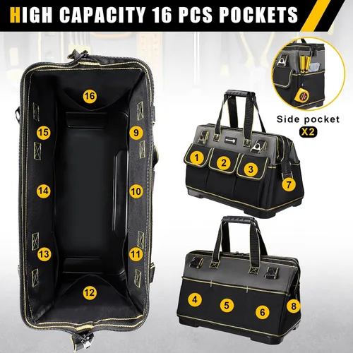 Vista 3 de Bolsa de herramientas de 17 pulgadas para hombres con base moldeada impermeable, bolsa de boca ancha de alta capacidad, bolsas de herramientas
