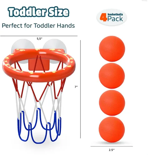 Vista 9 de Juguetes de baño – Aro de baloncesto para bañera para niños pequeños, niños y niñas 4 bolas sin agujero y ventosas fuertes Divertido juguete