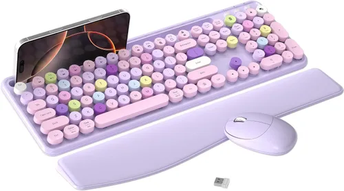 Vista 9 de Combo de teclado y mouse inalámbricos con soporte para teléfono (caqui) MPTOG Colorful Typewriter Keys with Wrist Rest, 2.4GHz Wireless