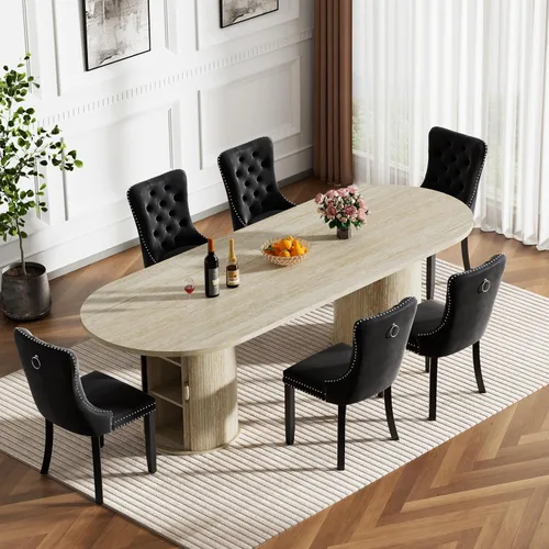 Vista 31 de Mesa de comedor redonda extensible con base de almacenamiento, mesa de comedor expandible natural de 63 a 94 pulgadas para 10 personas, mesa