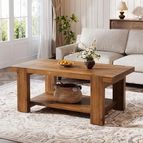 Vista 4 de Mesa de centro de madera maciza con estante de almacenamiento de 2 niveles, mesa central rectangular de granja de 47.2 pulgadas para sala de estar
