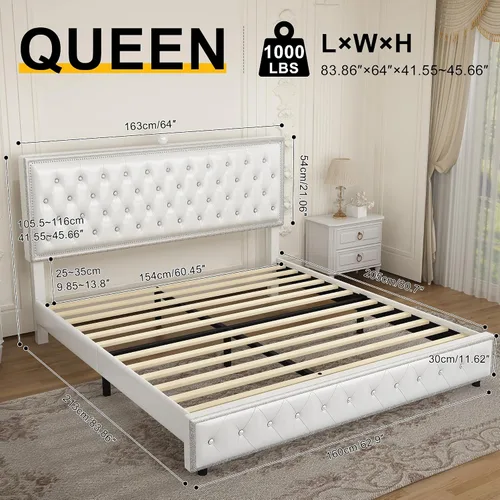 Vista 2 de Base de cama de plataforma tapizada tamaño Queen con cabecera LED, proyector de estrellas integrado y cabecera ajustable, no necesita somier, fácil
