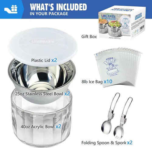 Vista 2 de LIMOEASY Paquete de 2 tazones pequeños refrigerados para servir, 25 onzas, cuenco enfriado con hielo para salsas con tapa para fiestas, plato