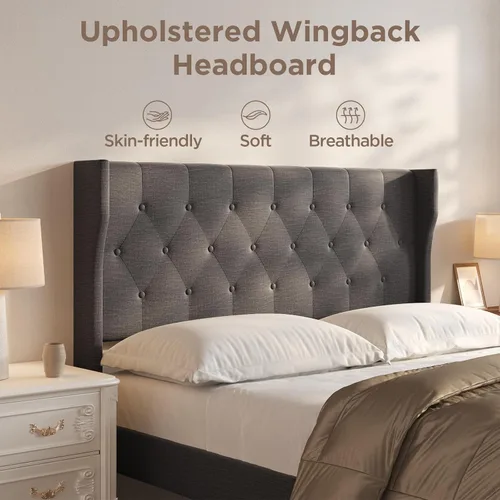 Vista 3 de Aiho - Base de cama tapizada de tamaño matrimonial con cabecera con respaldo de ala, color gris oscuro Button Tufted Headboard, Wood Slat Support