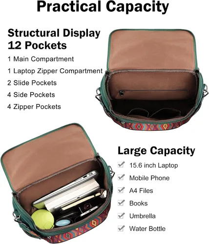 Vista 9 de FADEON Bolsos cruzados para mujer y mochila para laptop Colección Verde