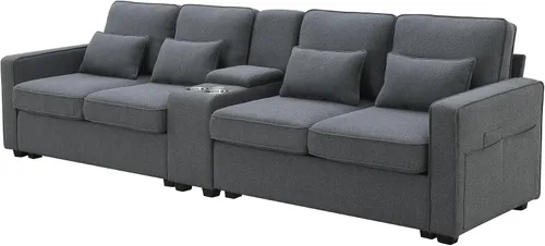 Vista 9 de LUMISOL Moderno sofá de 4 plazas, cómodo sofá modular tapizado con bolsillos para reposabrazos y 4 almohadas, sofá de estilo minimalista para sala