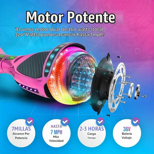 Vista 5 de Hoverboard de 16.5 cm para niños de 6 a 12 años, Hoverboard Bluetooth con ruedas estilo luz de túnel y almohadillas antideslizantes, certificado