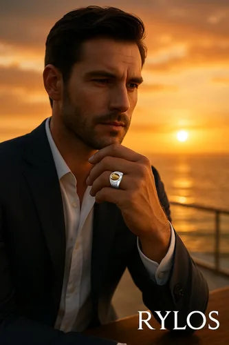 Vista 5 de Rylos Anillo de pepita para hombre en plata chapada en oro amarillo con piedras preciosas y diamantes en tallas 8-13., Oro amarillo, piedras
