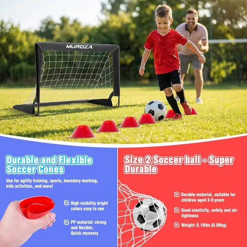 Vista 5 de Portería de fútbol para niños, juego de 2 unidades de red de fútbol portátil de 2 x 1.5 pies con pelota, conos, equipo de entrenamiento completo