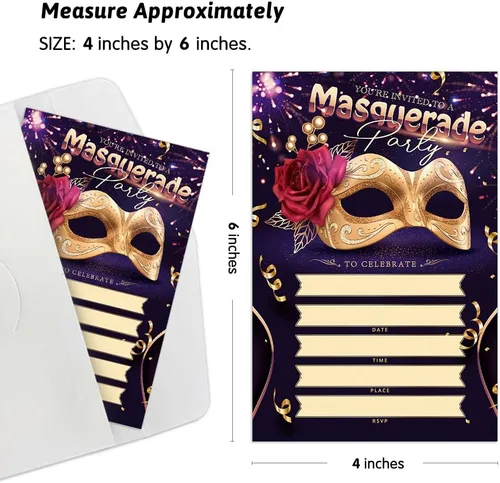 Vista 3 de Invitaciones para fiesta de máscaras, invitaciones de fiesta de Mardi Gras, 15 tarjetas y sobres, diseño floral moderno, unisex, adultos, ocasión