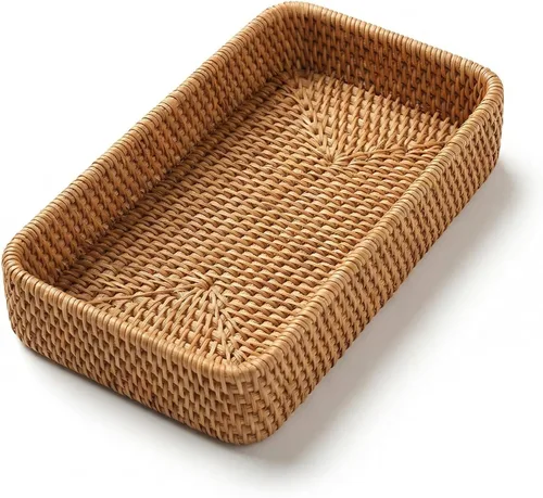 Vista 15 de YANGQIHOME Bandeja de ratán tejida a mano de 14.6 pulgadas con asas, bandeja rectangular de mimbre para mesa de café, desayuno, bebidas, frutas