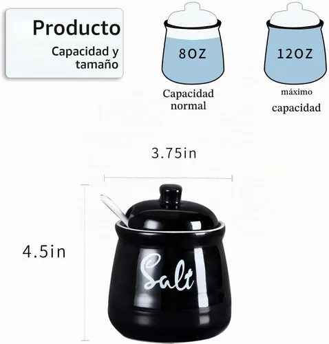 Vista 5 de Cuenco de sal de porcelana con tapa y cuchara de 12 onzas, fácil de limpiar (negro)
