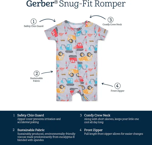 Vista 5 de Gerber Mameluco unisex de manga corta suave para bebé con viscosa hecho de eucalipto Construcción