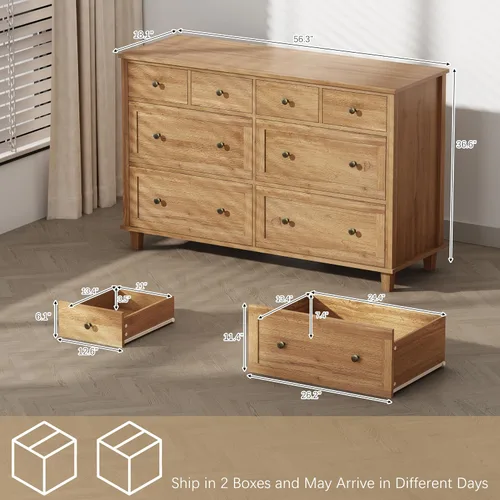 Vista 2 de Cómoda de madera con 8 cajones de 56.3 pulgadas de ancho, cómoda de almacenamiento grande para dormitorio, sala de estar, pasillo, entrada Roble