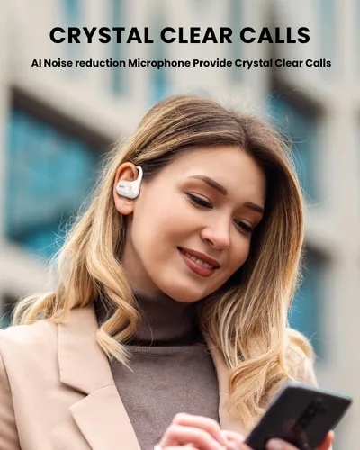 Vista 6 de Auriculares de oreja abierta, auriculares inalámbricos Bluetooth 5.3 con conducción de aire, ajuste cómodo y seguro, graves potentes, llamadas Beige