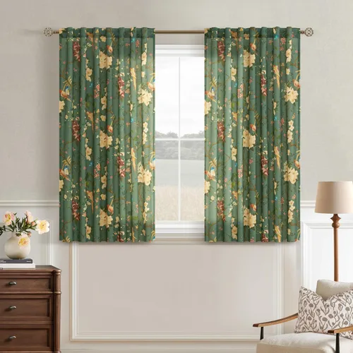 Vista 53 de Cortinas de lino de pájaro floral azul 2 paneles de 72 pulgadas de largo Aqua Blue