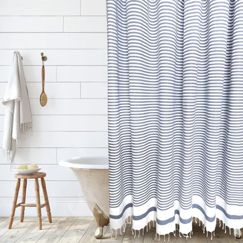 Vista 11 de HALL & PERRY Cortina de ducha moderna con borlas de estilo rústico, cortina de ducha de tela a rayas con borlas 100% algodón para decoración de baño