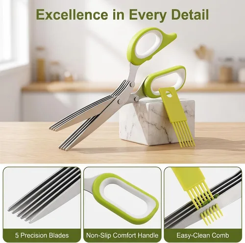 Vista 4 de 5 Blade Herb Scissors with Cleaning Comb, Thickened Stainless Steel Kitchen Herb Shears for Fresh Herbs, Green Onions and Seaweed (3PCS)