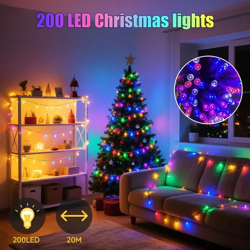 Vista 2 de Luces de Navidad con 8 modos de iluminación, 200 luces LED de 66 pies con control remoto, cadena de luces recargables para exteriores, decoraciones
