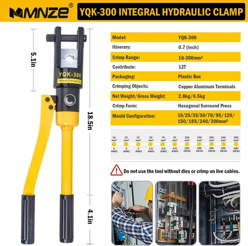 Vista 2 de Alicates de crimpado hidráulico de 16 toneladas de 6 AWG a 600 MCM Kit de herramientas de prensado hidráulico de mano con terminal de cable