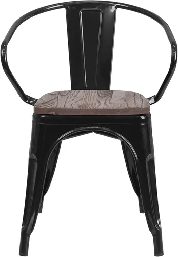 Vista 5 de EMMA + OLIVER Silla de metal negro con asiento y brazos de madera