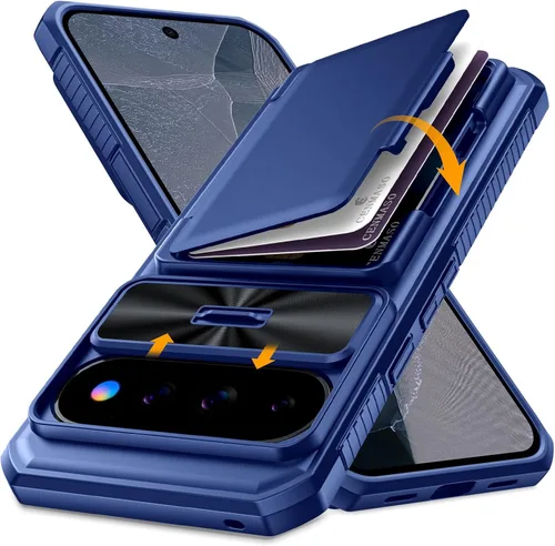 Vista 38 de CENMASO - Funda para Google Pixel 9 Pro XL con tarjetero (4 tarjetas), funda deslizante para cámara y función atril, bloqueo RFID, protección