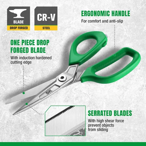 Vista 3 de SK - Tijeras resistentes de 9 pulgadas, tijeras multiusos, construcción premium de acero CR-V, hojas forjadas de una sola pieza, mango ergonómico