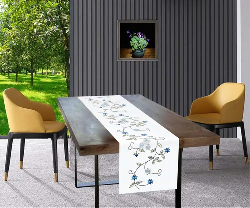 Vista 4 de Caminos de mesa pequeños y cortos de doble grosor con bordado floral rústico para primavera y verano, bufanda de tocador (azul, 14 x 35 pulgadas)