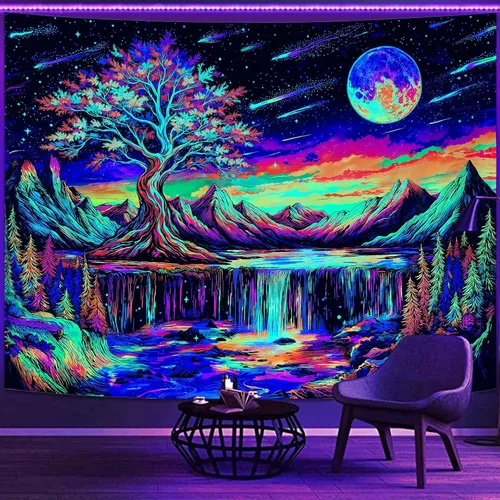 Vista 22 de Zussun Tapiz de hongo rojo, tapices de luna y estrella para dormitorio, estética de color beige, noche estrellada, planta verde, tapiz de pared