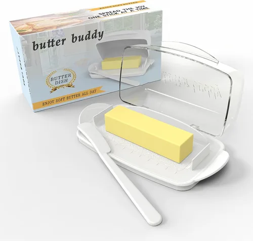 Vista 16 de Mantequilleras con tapa para encimera y refrigerador, plato de mantequilla de plástico transparente con tapa abatible y esparcidor, recipiente