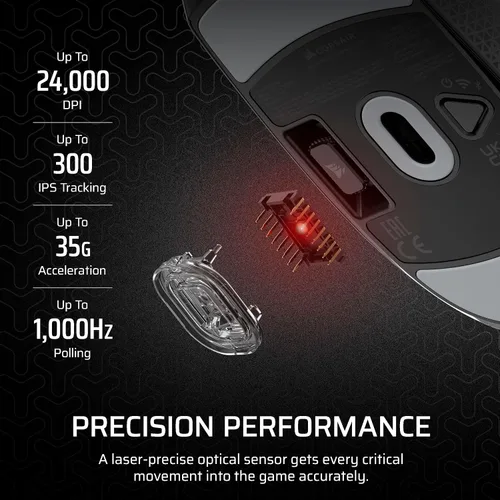 Vista 4 de Corsair M55 Mouse inalámbrico ligero para juegos FPS - 2.4 GHz y Bluetooth - 24,000 DPI - Batería de larga duración - Seis botones programables