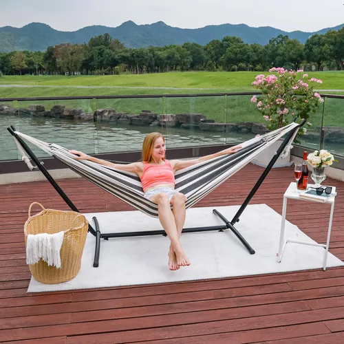 Vista 2 de Prime Garden - Hamaca con soporte para exterior, soporte de acero resistente y ahorro de espacio con capacidad de 450 lb, hamaca doble con bolsa