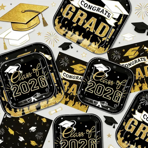 Vista 7 de Decoraciones de graduación 2026, suministros de fiesta de graduación negro y dorado con platos de papel desechables de 9 pulgadas, platos de postre