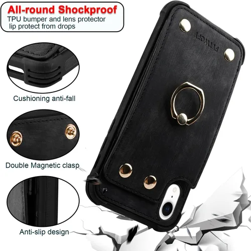 Vista 4 de Funda tipo cartera compatible con iPhone XR/10R con tarjetero de crédito, funda protectora de cuero a prueba de golpes compatible con anillo