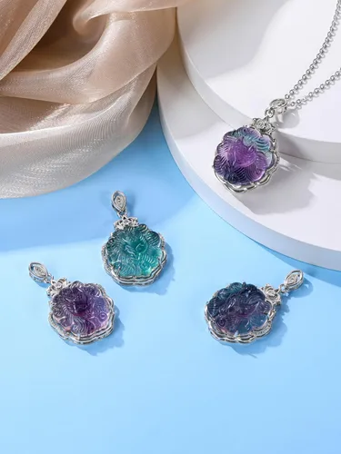 Vista 3 de Jovivi Natural Fluorite Crystal Necklace Healing Chakra Stone Gemstone Amulet Lucky Charm Pendant Adjustable Rope